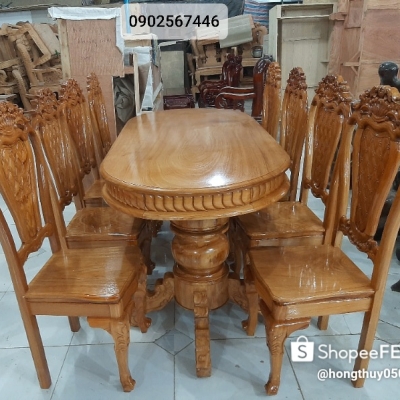 BÀN ĂN GỖ GÕ ĐỎ 8 GHẾ MẶT LIỀN