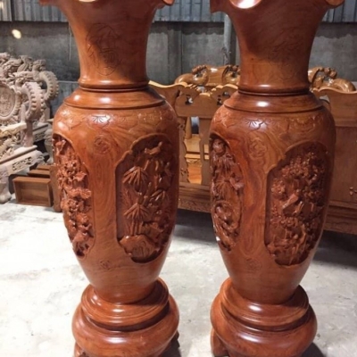 Cặp lục bình gỗ nguyên khói chạm tứ quý