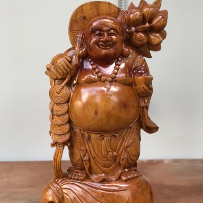 Tượng Phật Di Lạc Đứng Vác Cây Đào, Gỗ Bách Dịp, Cao 55.